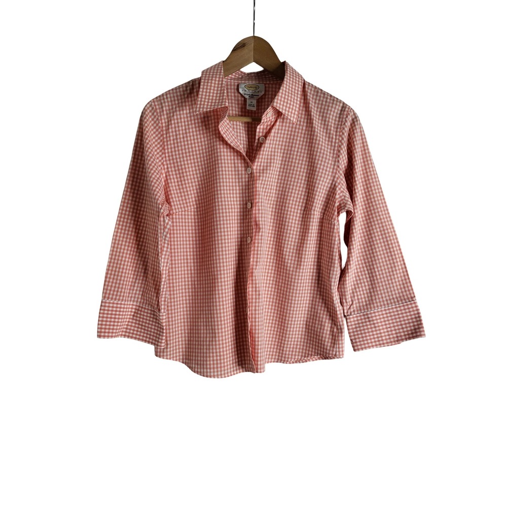 Talbots Orange Gingham Button Down Shirt Wrinkle Resistant 10P Classic Preppy